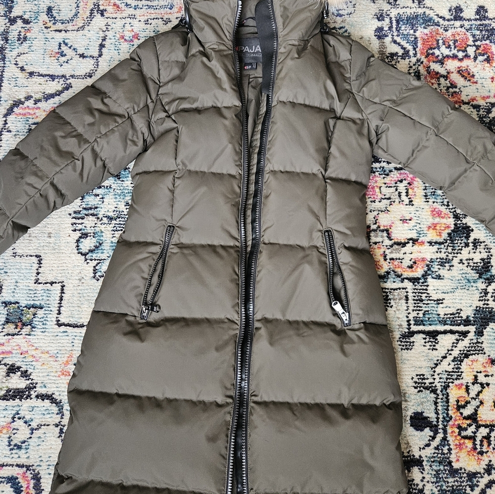 Pajar Canada Jayde Women's Long Down Puffer Faux Fur Hooded Coat Size S Green - Picture 3 of 16